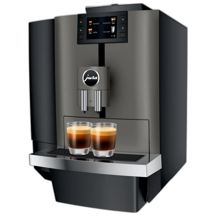 JURA X4 Dark Inox zakelijke koffiemachine met touchscreen en twee espresso's in glazen kopjes