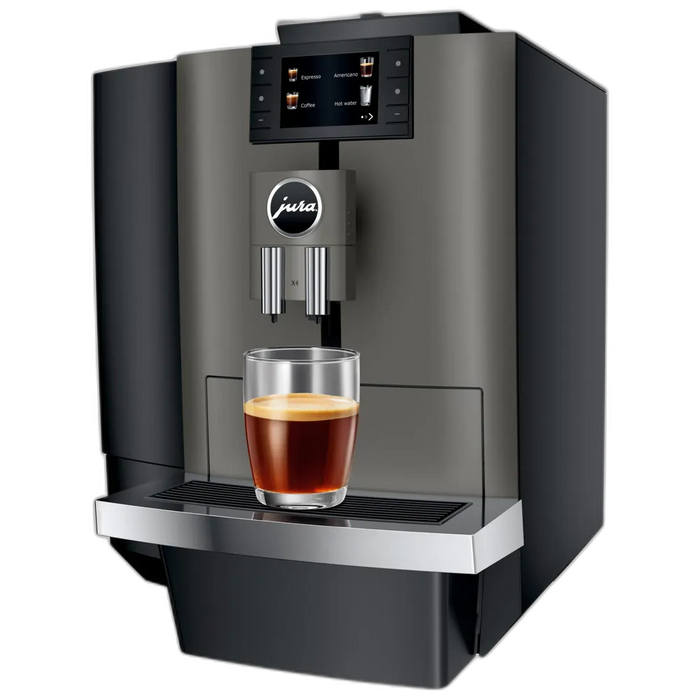 JURA X4 Dark Inox zakelijke koffiemachine met touchscreen en kopje espresso op de uitloop in donkergrijze afwerking