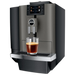 JURA X4 Dark Inox zakelijke koffiemachine met touchscreen en kopje espresso op de uitloop in donkergrijze afwerking