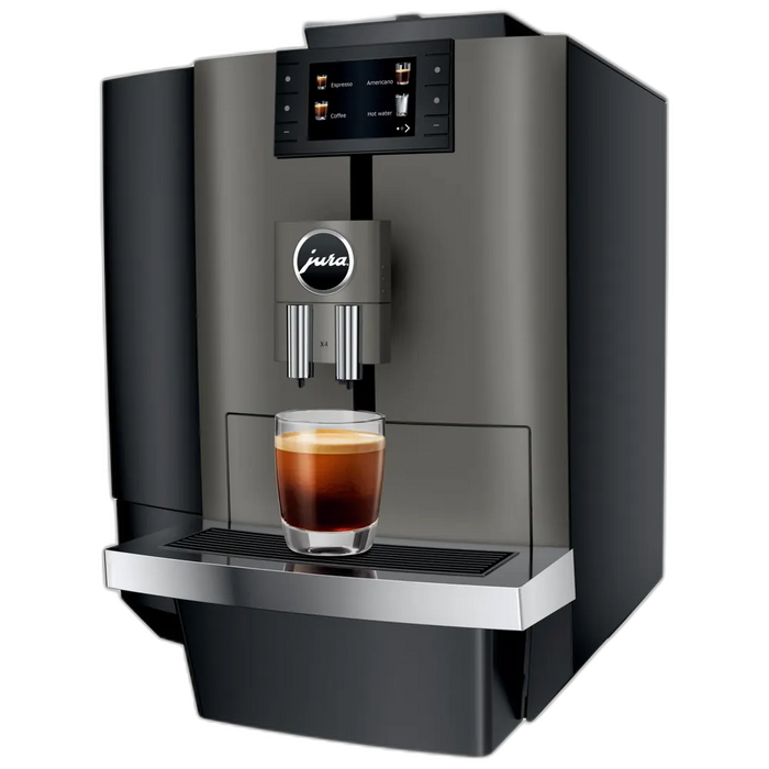 JURA X4 Dark Inox zakelijke koffiemachine met touchscreen en vers gezette espresso in glas