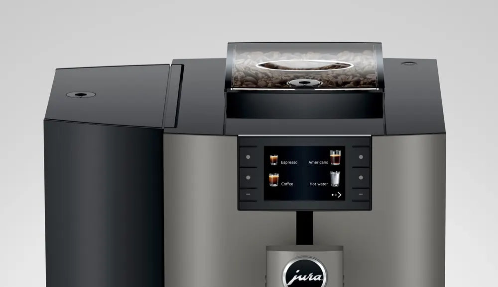 JURA X4 Dark Inox zakelijke koffiemachine met touchscreen en bonenreservoir zichtbaar
