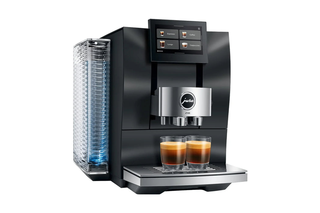 JURA Z10 Obsidian Black, schuin vooraanzicht met espresso