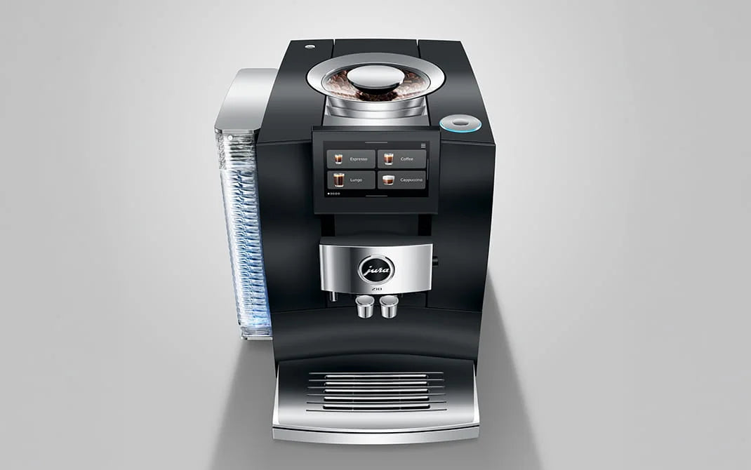 JURA Z10 Obsidian Black van bovenaf met metalen kopjesplateau