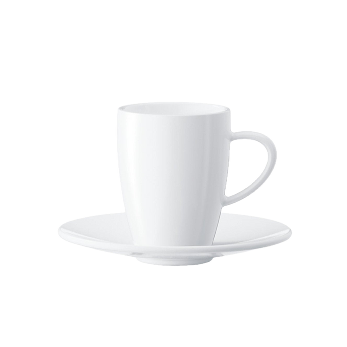 Witte JURA koffie beker 270ml met schotel en handvat op witte achtergrond | Arte dell' espressO