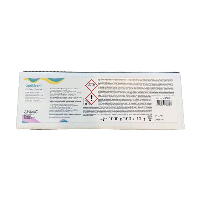 Doos Animo OptiClean Coffee Cleaner 1000 g, 100 zakjes van 10 gram, met gebruiksaanwijzing
