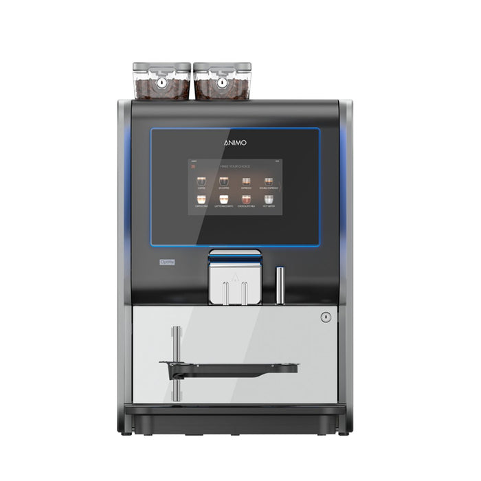 Animo OptiMe X 22 koffiemachine met zwart design, dubbele bonenreservoirs en 7" touchscreen voor zakelijke gebruikers