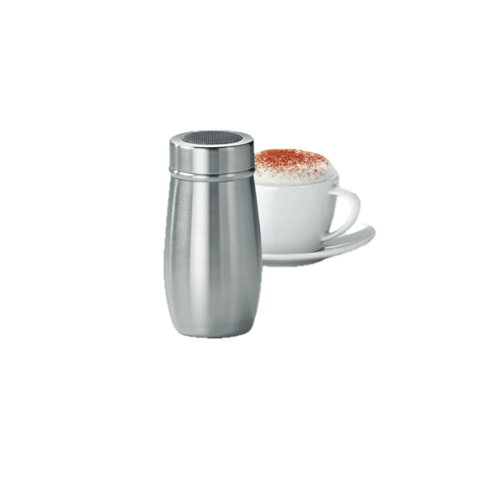 JURA Cacaostrooier 67009 roestvrijstalen strooier met maaszeef naast cappuccino | Arte dell' espressO