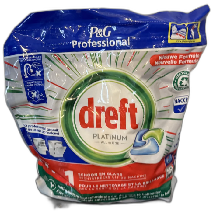 Dreft Platinum Plus vaatwastabletten 75 stuks in originele verpakking met recycleerbare folie en professionele formule