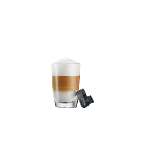 JURA Wireless Transmitter zwart naast glas met cappuccino met melkschuim | Arte dell' espressO